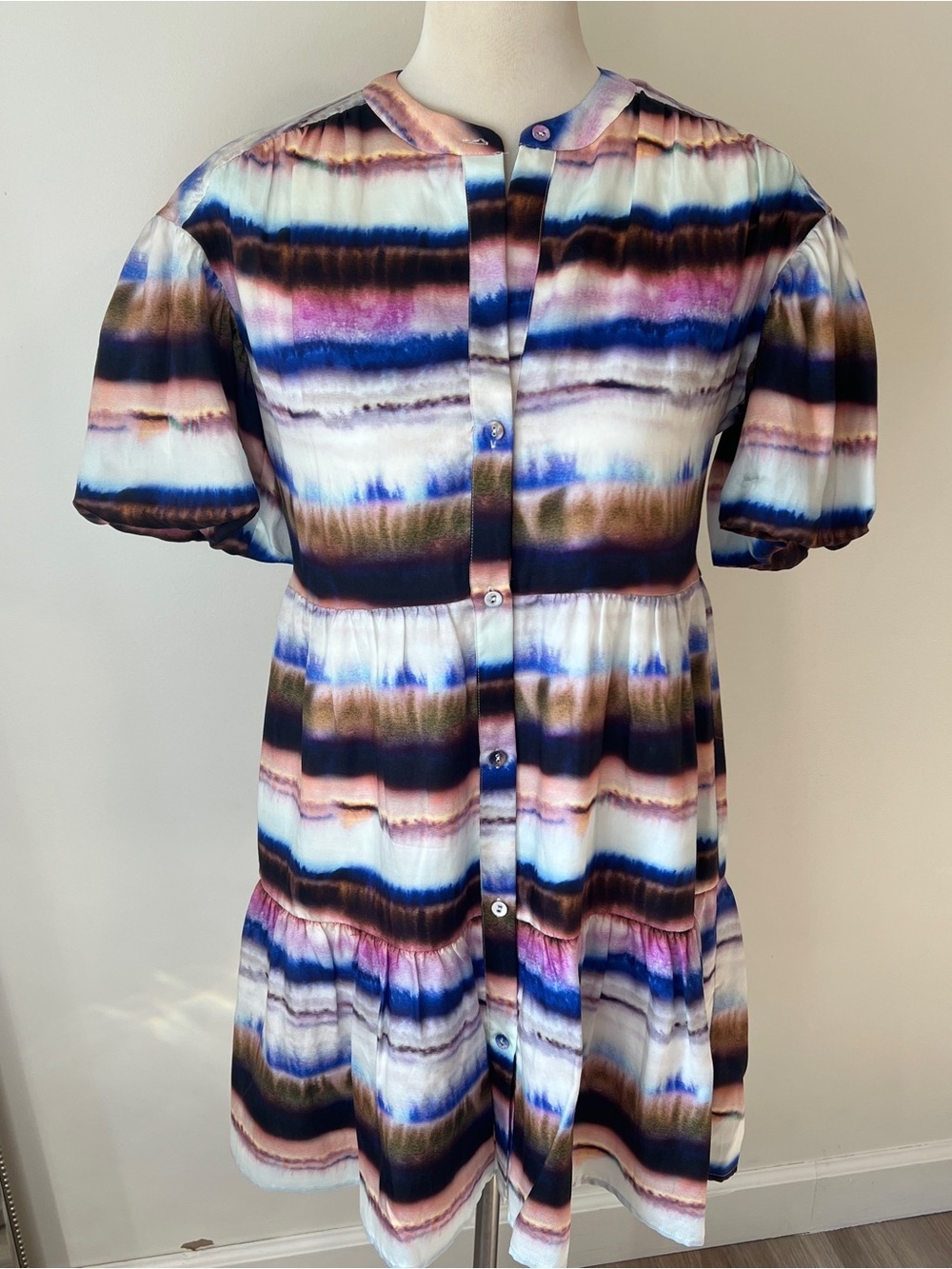 Marie Oliver Silk Blend Watercolor Stripe Tiered Mini Dress XS short sleeve